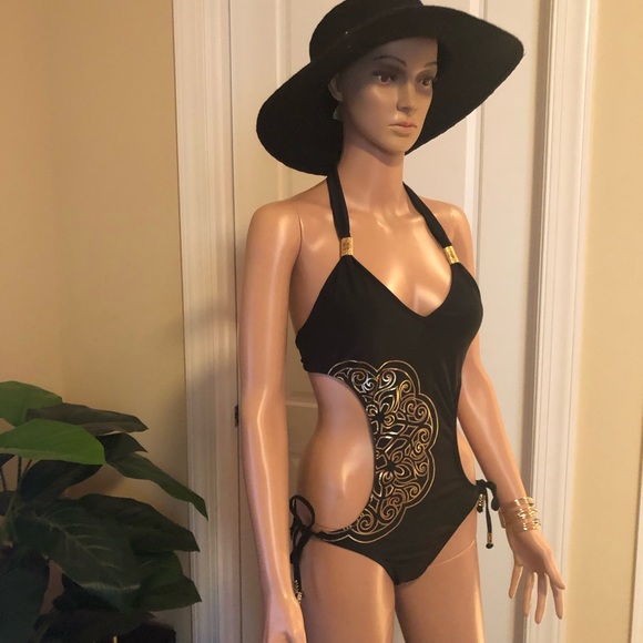 Black w/Gold Detail  1 PC.Bathing Suit - Picture 2 of 8